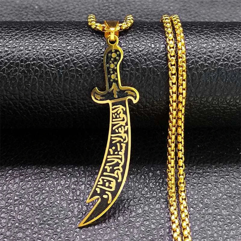 Arabic Ali Sword Knife Chain Necklaces for Men Stainless Steel Gold Color Muslim Islamic Necklace Jewelry collar acero N558S02